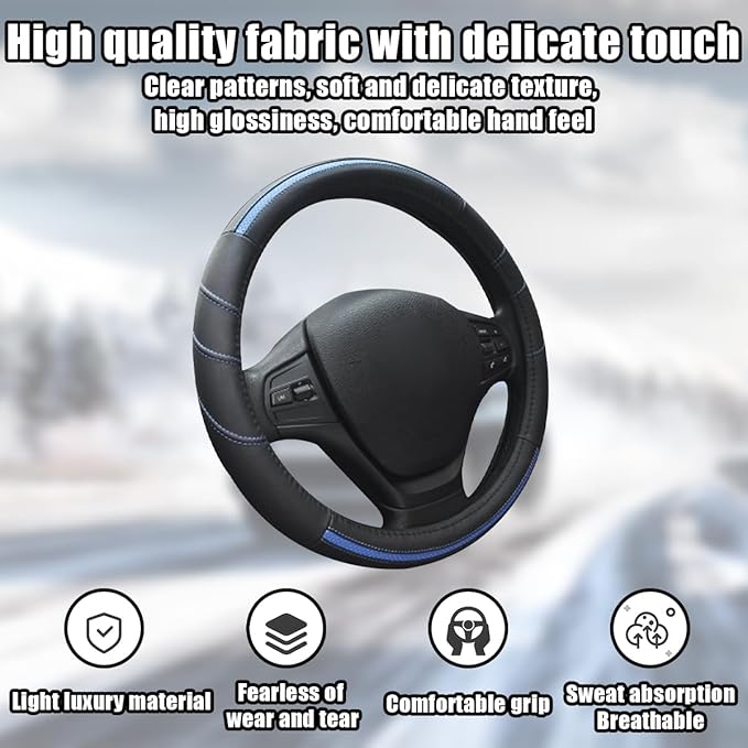 Car Steering Wheel Cover, Genuine Leather Non Slip Vehicle Steering Wheel Protector, Breathable & Soft Auto Interior Protection Accessories, Universal for SUV Sedan Truck (Black/Blue)