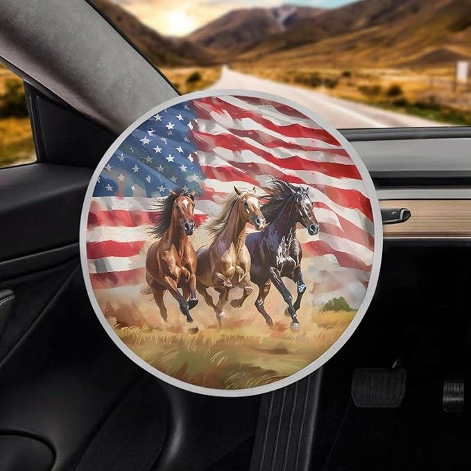 Vehicle Accessories for Women Steering Wheel Sun Shade Heat Resistant Steering Wheel Sun Cover Universal Fit Van Car SUV Truck, American Flag Running Horse Pattern