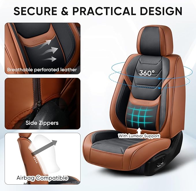 TIEHESYT Leather Car Seat Covers Full Set with Lumbar Support, Waterproof Car Seat Cover, Universal Seat Covers for Cars, Trucks, SUVs, Sedans, Airbag Compatible, Front Pair and Rear, Brown&Black