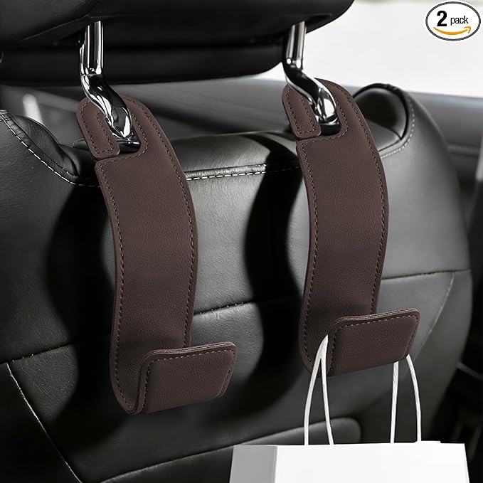 2PCS Purse Holder for Car, Purse Hook for Car, Leather Headrest Hooks for Automotive Back Seat, Auto Accessories Back Seat Organizer Hook for Grocery Bag Handbag Coat (Brown, 2PCS)