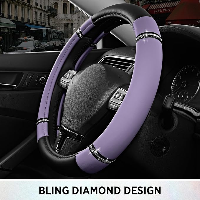 Road Comfort Leather Steering Wheel Cover – Premium Anti-Slip Car Steering Wheel Grip Cover – Universal Fit for 14.5”–15.5” Cars, Trucks & SUVs - Purple