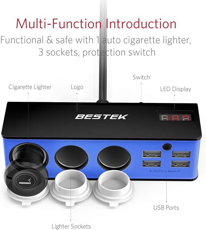 BESTEK 3-Socket Cigarette Lighter Adapter, 12V/24V 200W DC Cigarette Outlet Car Charger Splitter with 4-USB Ports Car Power Adapter for GPS, Dashcam, Low Voltage Protection with Replace Fuse