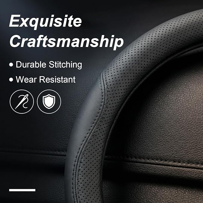 Steering Wheel Cover for Honda Civic Accord CR-V, 14.5"-15" Non-Slip Breathable Microfiber Leather Car Steering Wheel Cover (Black)