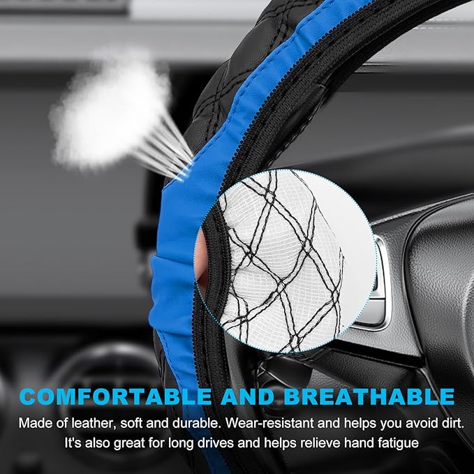 Car Steering Wheel Cover, 15 Inches Non-Slip Leather Car Steering Wheel Protector, Universal Steering Wheel Soft Cover Mats for Car Truck SUV, Interior Car Accessories (Blue)