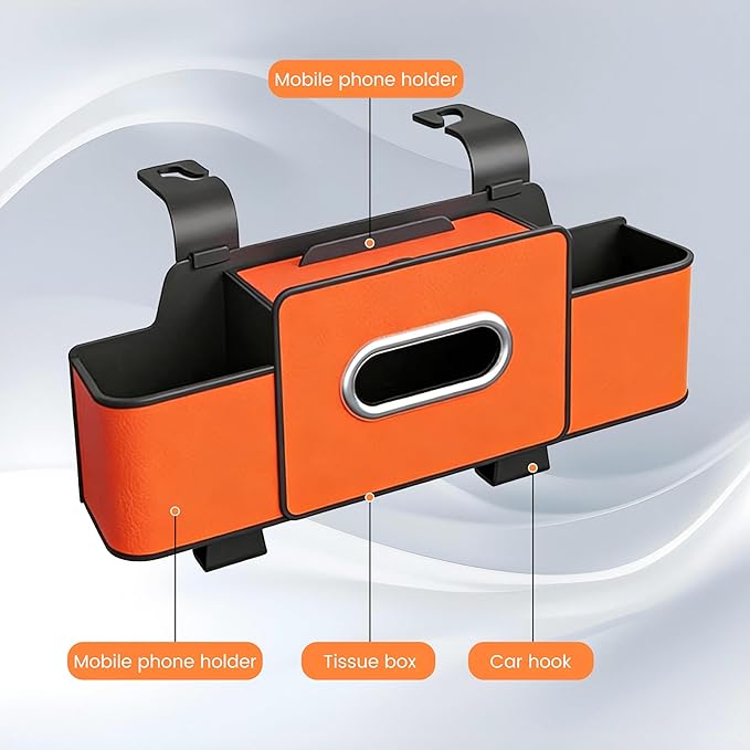 Car Seat Back Storage Box, 2026 New 3-in-1 Multifunctional Car Back Seat Organizer with Cup Holder, Tissue Box, Trash Bin & Hooks for Hold Phones, Snacks, Drinks, Handbags (Orange)