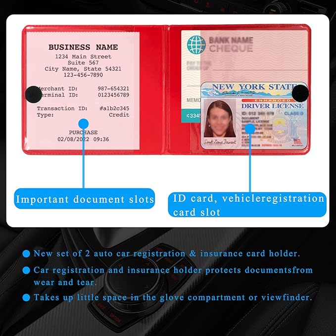 Kewucn 1 PC Car Registration Insurance Holder, Essential Auto Card Glove Box Organizer, Vehicle Interior Accessories Perfect for Most Car, Truck, SUV (10.55''×4.8'', Red)