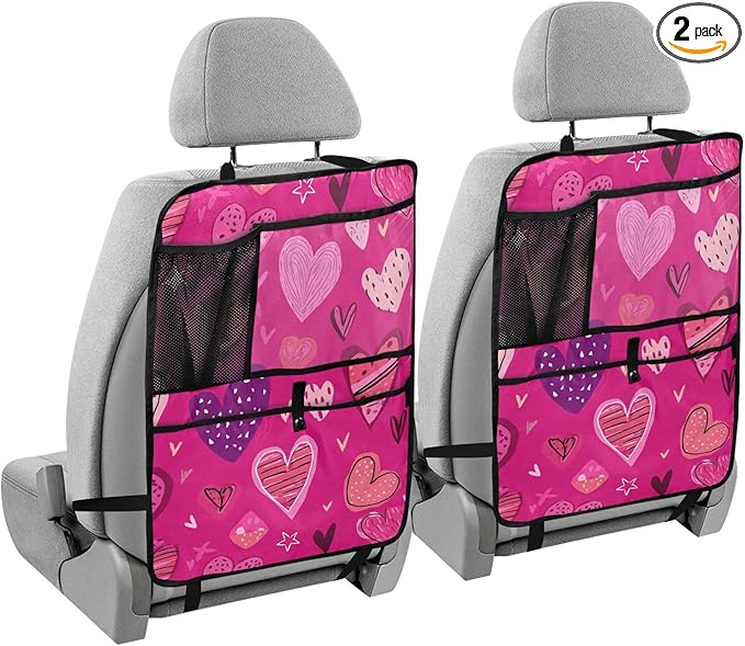 2 Pack Back Seat Car Organizer with Storage Pockets Kick Mats Back Seat Protector Hanging Car Organizer Automotive Seat Back Cover Organizers Hot Pink Doodle Hearts Stars