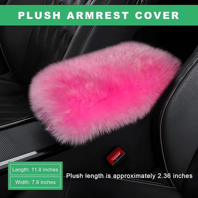 Furry Car Center Console Cover Pad, 11.8"×7.9" Auto Fluffy Plush Center Armrest Protective Cover, Comfortable Fuzzy Armrest Seat Box Protector Cushion for Cars Trucks SUVs (Dark Pink)