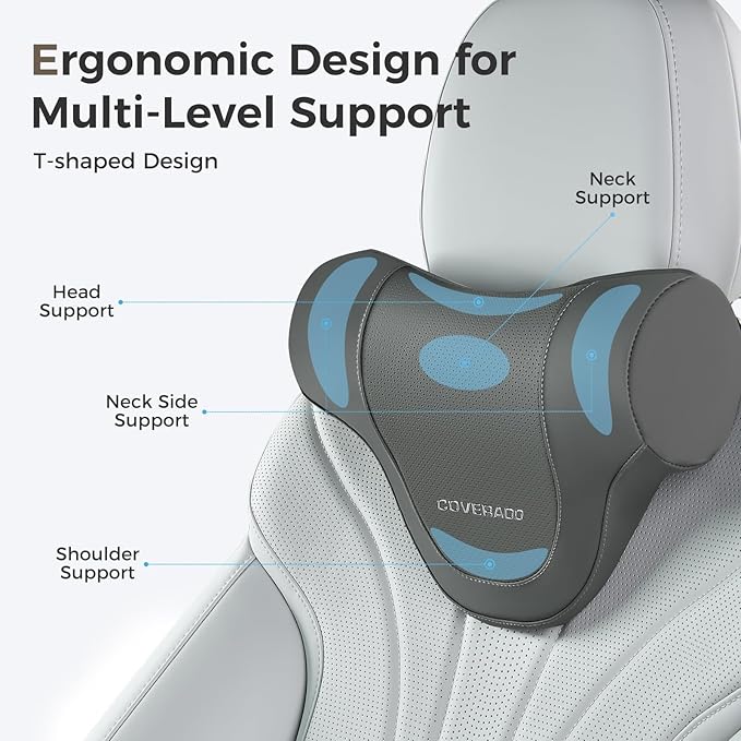 Coverado Car Headrest Pillow, Ergonomic Memory Foam Car Neck Pillow for Driving Seat with Adjustable Strap, Soft PU Leather Breathable Removable Cover Neck Support for Neck Pain Relief - Gray