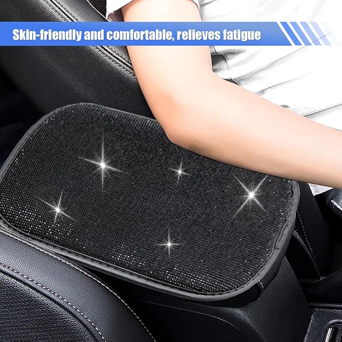 11.9''×8.4'' Bling Car Center Console Cover, Crystal Rhinestone Arm Rest Protective Cushion Pad, Diamond Soft Elbow Pillow, Auto Interior Decoration Accessories for Women Girls (Black)