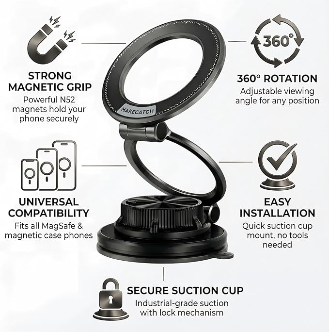 makecatch Vacuum Magnetic Car Phone Mount, 120+LB N55 Magnet (3000gf) Dashboard & Windshield Holder with Ultra-Stable Suction Cup, Foldable 0.83in Compact Car Mount for iPhone Samsung –Black