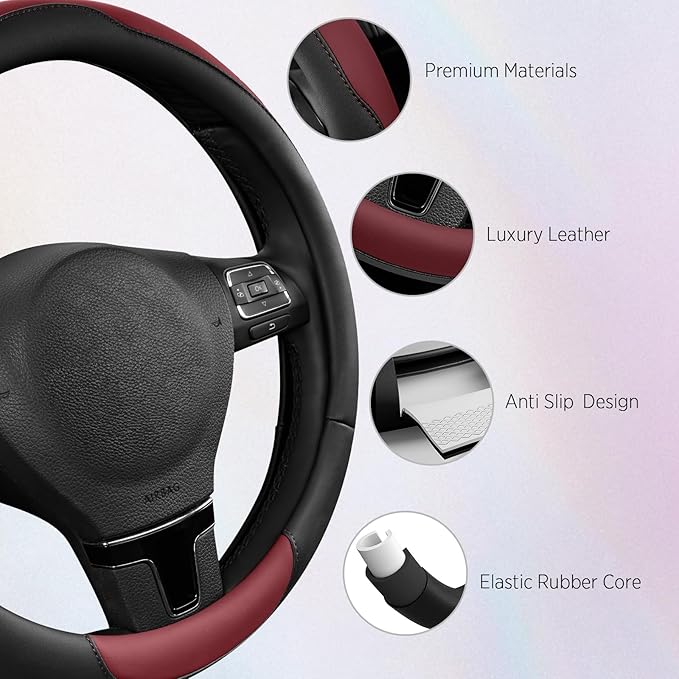 Road Comforts Steering Wheel Cover, Breathable Anti-Slip Leather Steering Wheel Cover, Universal Fit 14.5–15 Inch, Comfortable Grip - Redwine Color