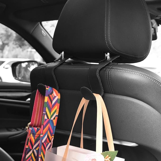 Seat Hooks for Purses and Bags, 4 Pack Car Purse Holder for Grocery Bag Handbag Clothes, Metal Headrest Hooks Covered by Leather, Black
