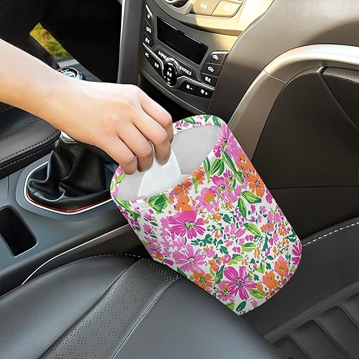 Colorful Floral Car Garbage Can Mini Car Trash Bin Hanging Headrest with Adjustable Buttons Multipurpose Car Organizer AutoAccessories