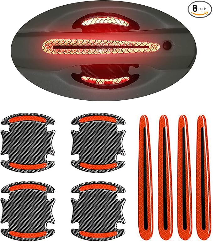 Car Door Handle Protector Reflective Sticker Universal Auto Carbon Fiber Door Handle Anti Scratch Cover Guard 8PCS Red