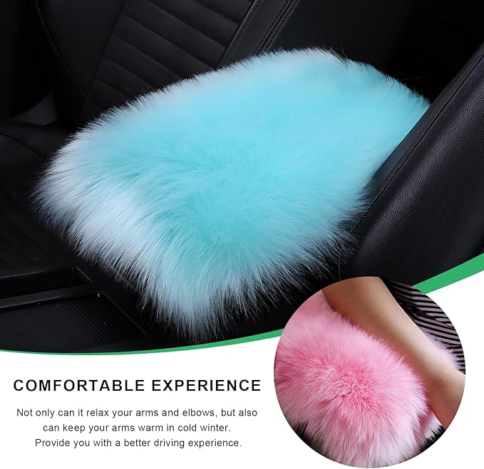 Furry Car Center Console Cover Pad, 11.8"×7.9" Auto Fluffy Plush Center Armrest Protective Cover, Comfortable Fuzzy Armrest Seat Box Protector Cushion for Cars Trucks SUVs (Light Blue)