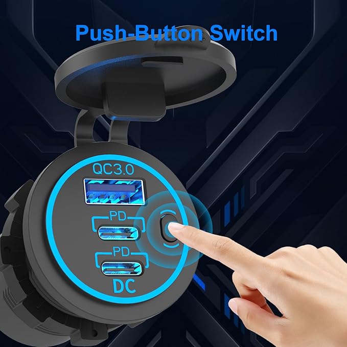 USB C Car Charger Socket 12V USB Outlet, 78W Dual 30W PD and 18W QC3.0 Multi Port Cylinder Charger with Button Switch Waterproof for Car Boat RV Marine Golf Cart Truck Bus Motorcycle etc.