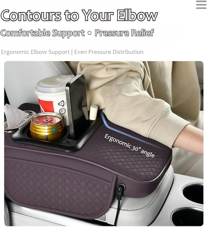2026 Enhanced Car Center Console Armrest Cushion with USB& Type-C Charging, PU Leather Console Pad with Cup Holders, Storage& Tissue Outlet for Most Vehicles (Flat Version, Light Beige)