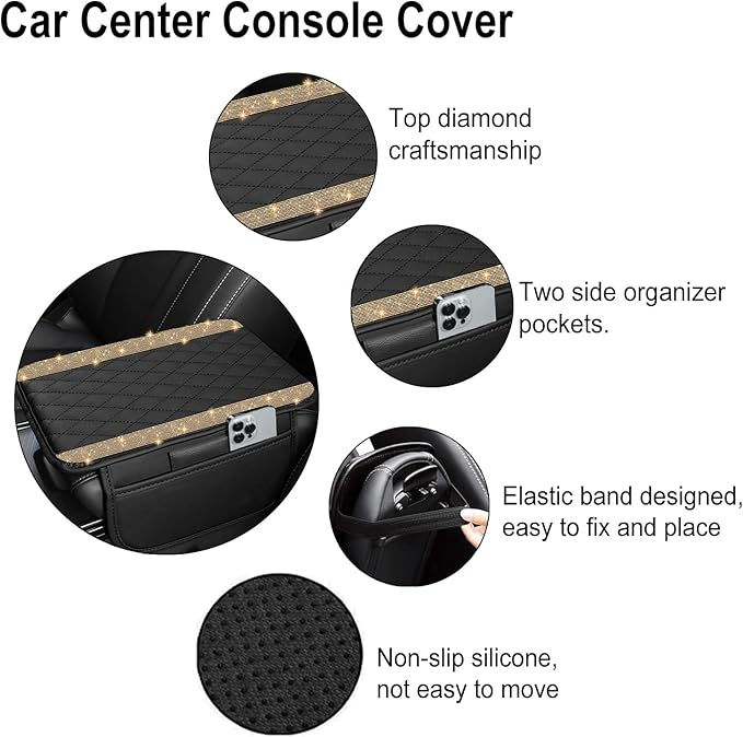 NBTEPEM Bling Car Center Console Cover, Leather Car Arm Rest Cover Cushion with 2 Storage Bags, Universal Automotive Armrest Protector Storage Box, Bling Accessories Interior for Most Vehicles (Gold)
