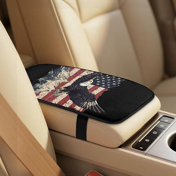 Qeluxign 5 Piece Car Seat Covers Set for Women Men PU Leather Seat Covers Belt Pads and Armrest Cover Universal Fit Car Accessories,American Flag Bald Eagle