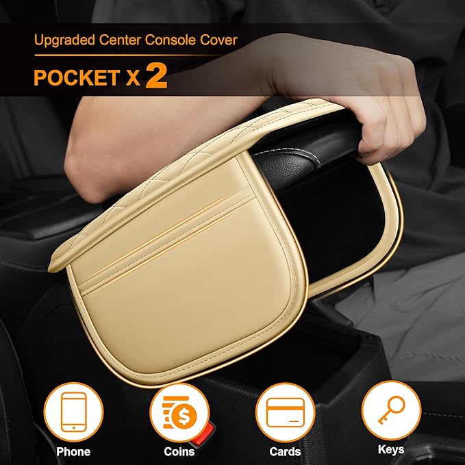 Car Center Console Cover Fit for Mitsubishi Outlander - Upgraded Faux Leather Armrest Cushion with 2 Storage Pockets - Waterproof & Durable Armrest Protector for Car (Beige & Whiteline)