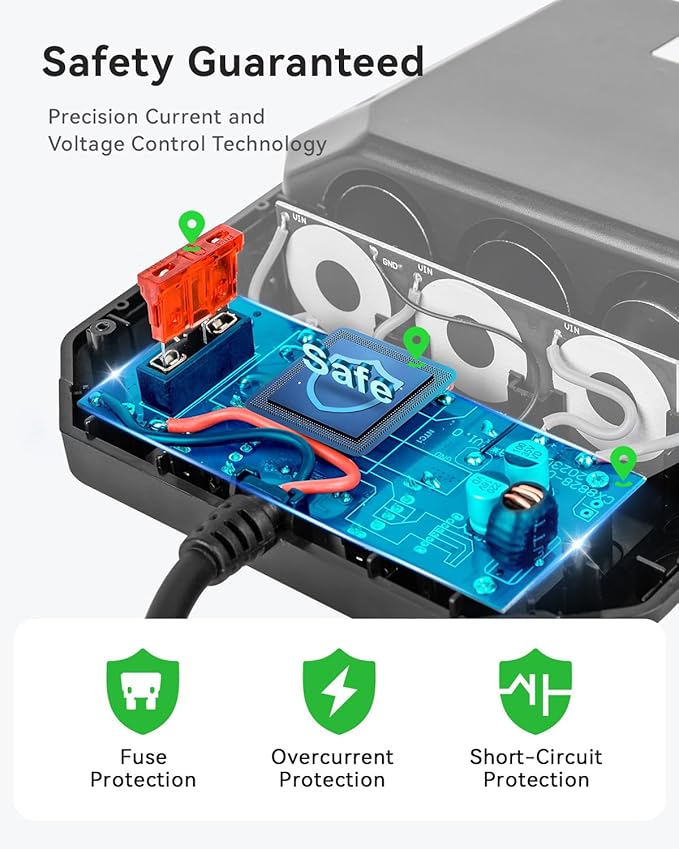 9-in-1 Cigarette Lighter Splitter, 156W Car Charger Adapter with PD 36W & QC 3.0, 3 Sockets with Independent Switches, 6 USB Ports, LED Voltage Display, UL Certified, Includes Spare Fuse