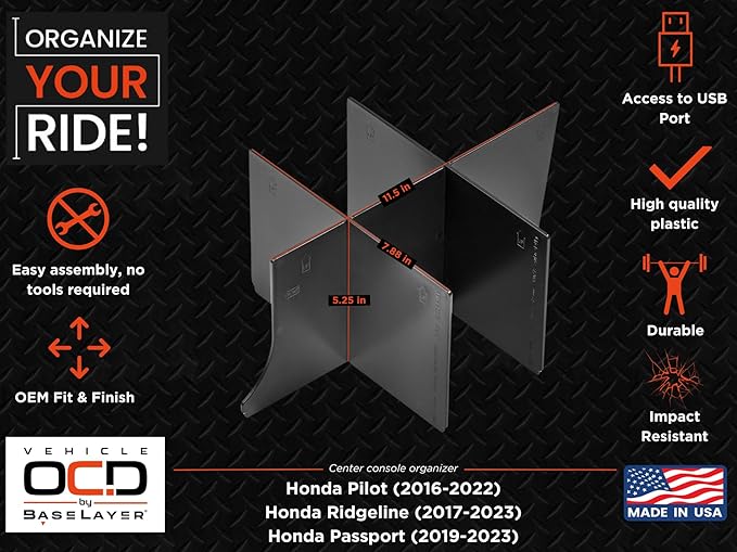 Vehicle OCD - Center Console Organizer for Pilot (2016-2022) / Ridgeline (2017-2023) / Passport (2019-2023) - Made in USA - SLX130