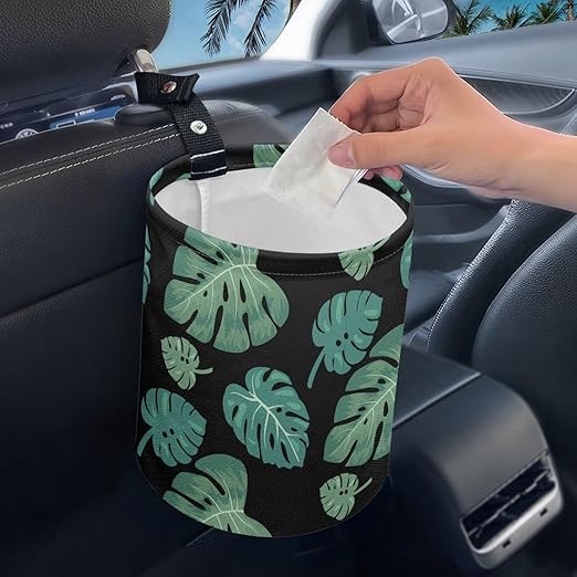 Brosoneto Tropical Palm Leaves Car Trash Can Collapsible Back Seat, Front Console, Floor, or Hanging Headrest Waste Basket - Car Garbage Accessory Portable Car Trash Can Car Decoration
