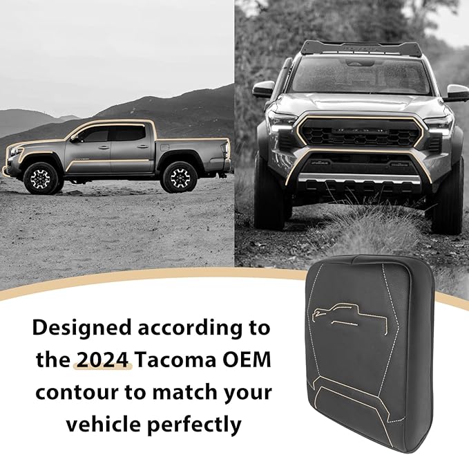 Muslogy Center Console Armrest Cover Compatible with 2024 Toyota Tacoma Accessories Armrest Lid Protector Vegan Leather Cushion Regular Thick(Black/Gray Stitching)