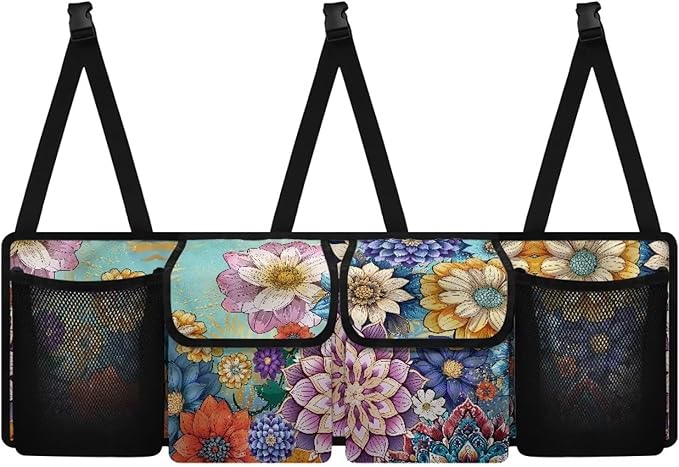 Dreaweet Boho Floral Print Car Trunk Organizer for Sedan Collapsible Hanging Car Storage Organizer Accessories Interior for Women Large Capacity 4 Pockets Car Organizer for SUV Trucks Minivan