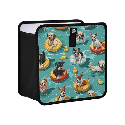 Car Trash Can Organizer Bin with Adjustable Strap for Back Front Seat Console Waterproof Leakproof Collapsible Portable 11 Inch Teal Swimming Pool Dogs and Ducks