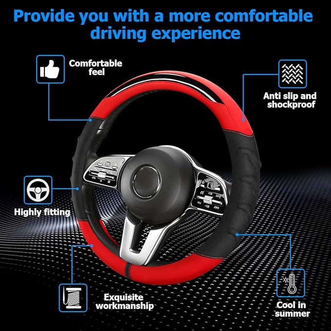 Car Steering Wheel Cover, Non-Slip Vehicle Steering Wheel Protector, Automotive Interior Accessories for Women Men, 15 Inch Universal for SUV, Truck, RV, Van and More（Black/Red）