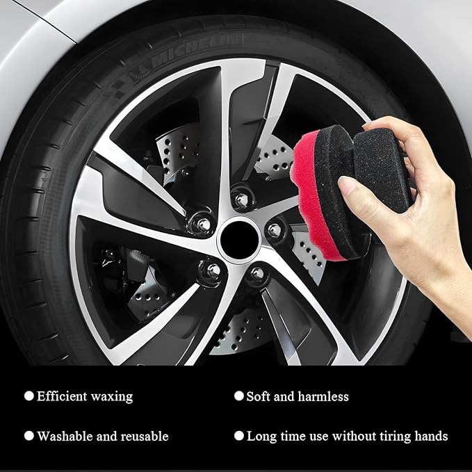 3 PCS Tire Dressing Applicator Pads, Reusable Hex Grip Tire Shine Applicator Polishing Sponge Pads, Wheel Tire Shine Detailing Foam for Most Vehicles, Car Accessories (Red, 4.33")