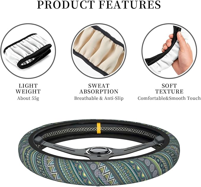 Boho Pattern Steering Wheel Cover Neoprene Universal 15 Inches Car Steering Wheel Protector for Women Men