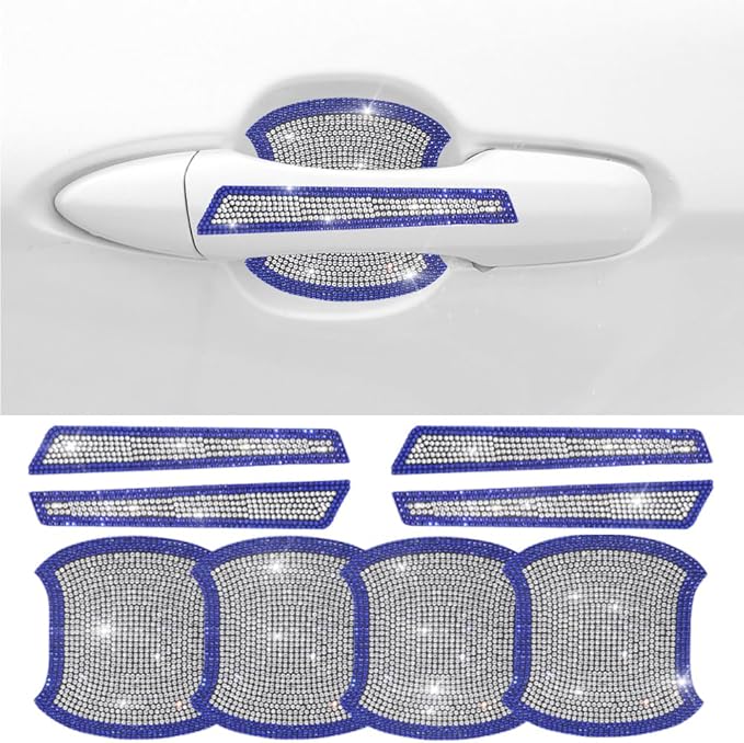 8Pcs Bling Car Door Handle Protector Stickers,Crystal Rhinestone Glitter Car Door Handles Cup Scratch Protectors Decals Universal (Blue White)
