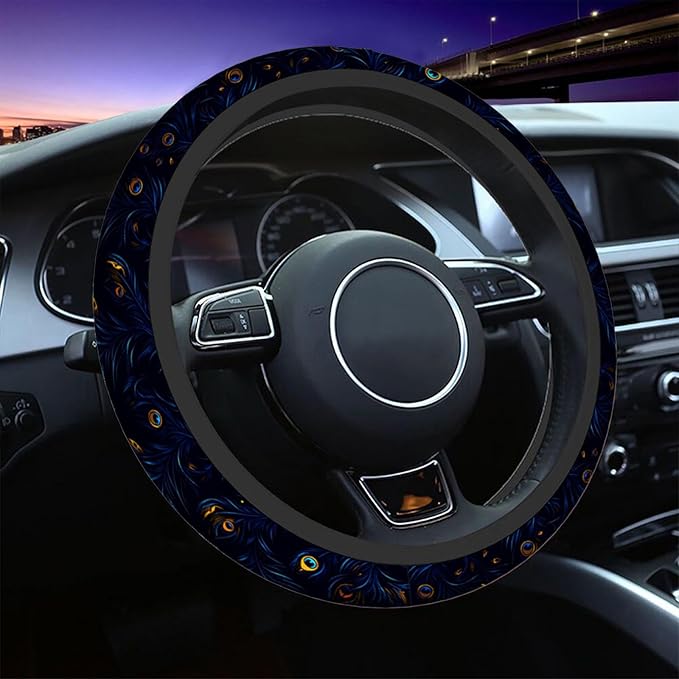 Swono Peacock Feather Steering Wheel Cushion Case Beautiful Blue and Green Peacock Feathers Neoprene Car Steering Wheel Covers 15 Inch Anti Slip Compatible Auto Car Wrap Cover for Men Women