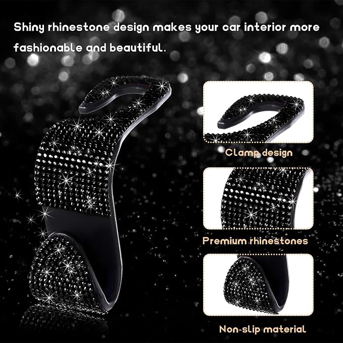 4 PCS Car Seat Headrest Hooks, Bling Rhinestone Purse Hook Vehicle Back Seat Hanger, Sparkling Crystal Headrest Hangers Storage Organizer for Grocery Bag Handbag Coats (Black)