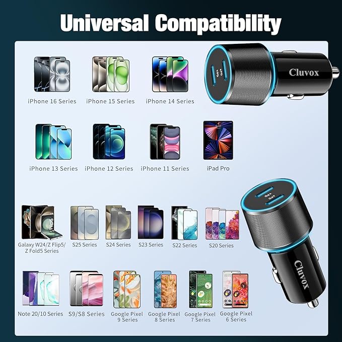 6 Pack USB C Car Charger, 40W Fast Charging for iPhone 17/16 Pro Max/Plus/16 SE/15/14, Samsung Galaxy S25 Ultra/S24/S23/S22/A16/A15/A55, Google Pixel 9, Dual 20W Type C Port Cigarette Lighter Adapter