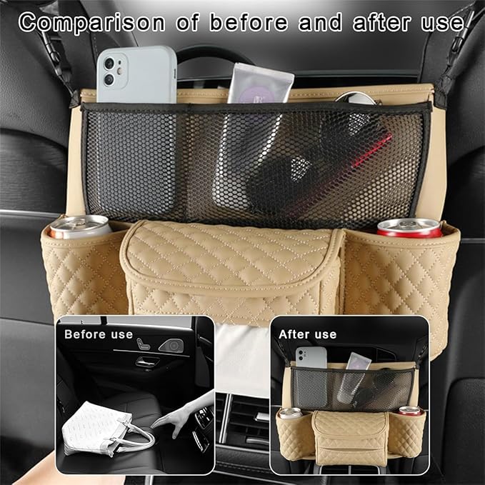 Car Purse Holder Between Seats, Luxury Leather Front Seat Back Handbag Organizer with Tissue Box Cup Holders, Auto Large Capacity Multi Pocket Purse Holder Hanging Storage Bag (Beige)
