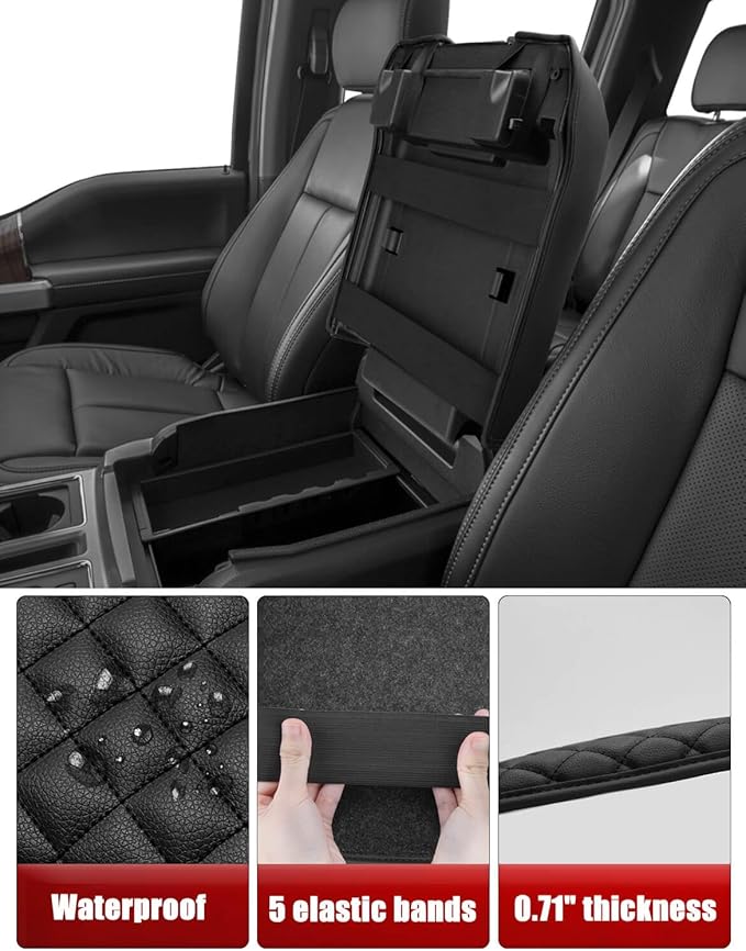 KBH Center Console Armrest Cover for 2015-2020 Ford F150, 2017-2022 F250 F350 F450 F550, 2018-2024 Expedition, Bucket Seat, PU Leather Cushion Thick Pad, Anti-Scratch, Black (Not for Other Years)