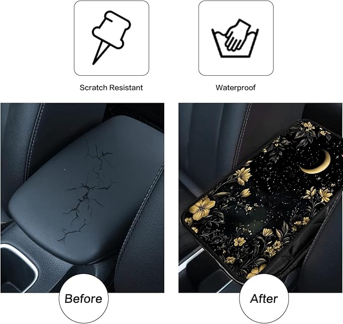 JANENFNA Car Armrest Cover Pads Universal Fashion Cute Auto Center Console Armrest Cover Pad with 2PCS Car Coasters Soft Waterproof Car Armrest Seat Protector for Women,Moon and Flowers