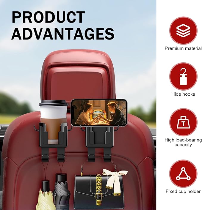 Car Headrest Cup Holder, 3-in-1 Multifunctional Vehicle Backseat Organizer for Phone Cup Holder Bag, Large Capacity Back Seat Organize Accessories, Universal for Most Vehicles (Black)