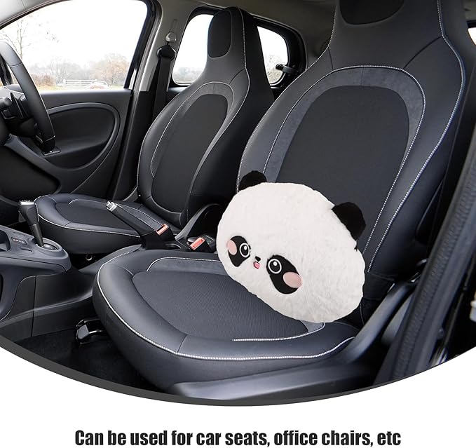 NUOBESTY Panda Plush Lumbar Support Pillow for Car Seat and Office Chair, Round Embroidered Rabbit Fur Cartoon Cushion for Lower Back Comfort During Driving and Travel
