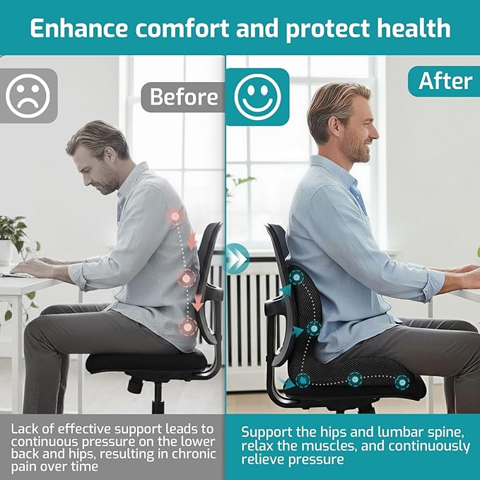 Memory Foam Seat Cushion,Office Chair Cushion with Lumbar Support,L-Shape Ergonomic Cushions with Strap,Non-Slip Sciatica,Hemorrhoids, Tailbone Pain Relief for Office Workers,Driver (Black+Ice Silk)