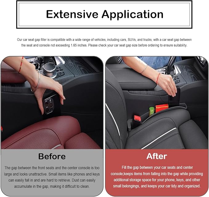 LeaHun Car Seat Gap Filler Organizer, 2 Pack No-Drop Seat Side Gap Filler Plug Strip with Storage & Belt Slot, Universal Fit Auto Catcher Fill The Gap Between Seat & Console for Car, SUV, Truck, Red