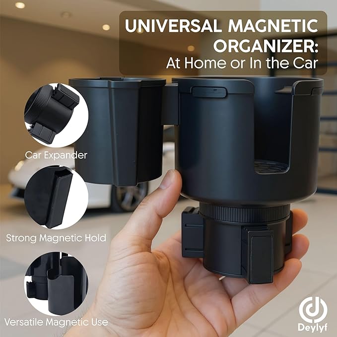Car Cup Holder Expander - 2 in 1 Adjustable Cup Holder Adapter Set with Magnetic Bottle Mount Accessory - Fits Big Cups and Large Water Bottles - Drink Caddy