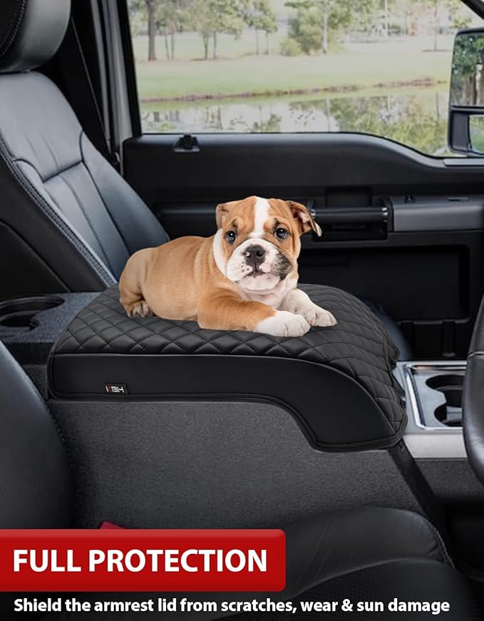 KBH Center Console Cover for Ford F250 F350 F450 F550 2011 2012 2013 2014 2015 2016, Vinyl Leather, Armrest Cushion Pad Protector, Anti-Scratch, Black (Fits Bucket Seat Console Only)