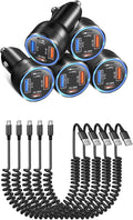 3 Pack 65W Multi Port 12V USB C & USB A Car Charger Adapter with 5 Pack Coiled USB Type C Coiled Cable Compatible for iPhone, Galaxy, Google and Other Android Devices