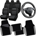 CAR PASS 3D Air Mesh Car Seat Covers Full Sets w/5mm Sponge, 4Pcs Waterproof Car Floor Mats, Steering Wheel Cover Universal Fit for SUV Sedan Truck, Airbag Compatible Automotive Interior(Black Gray)