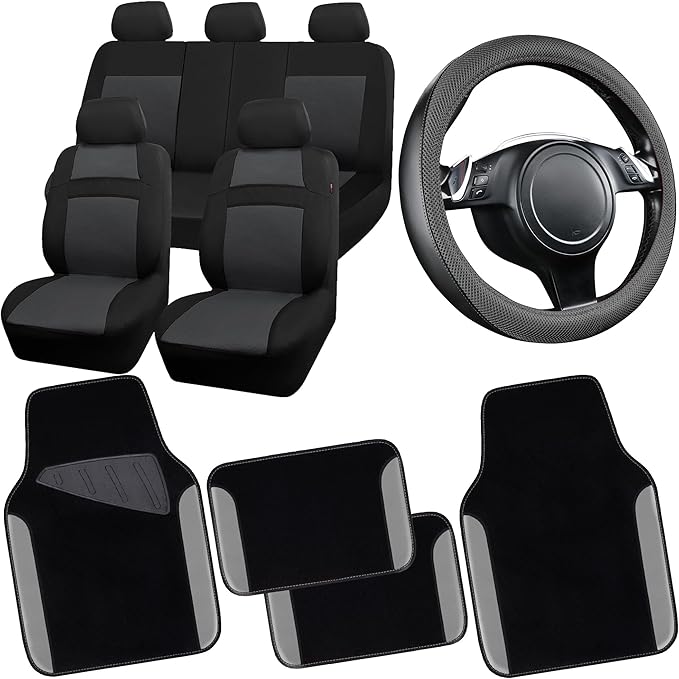 CAR PASS 3D Air Mesh Car Seat Covers Full Sets w/5mm Sponge, 4Pcs Waterproof Car Floor Mats, Steering Wheel Cover Universal Fit for SUV Sedan Truck, Airbag Compatible Automotive Interior(Black Gray)